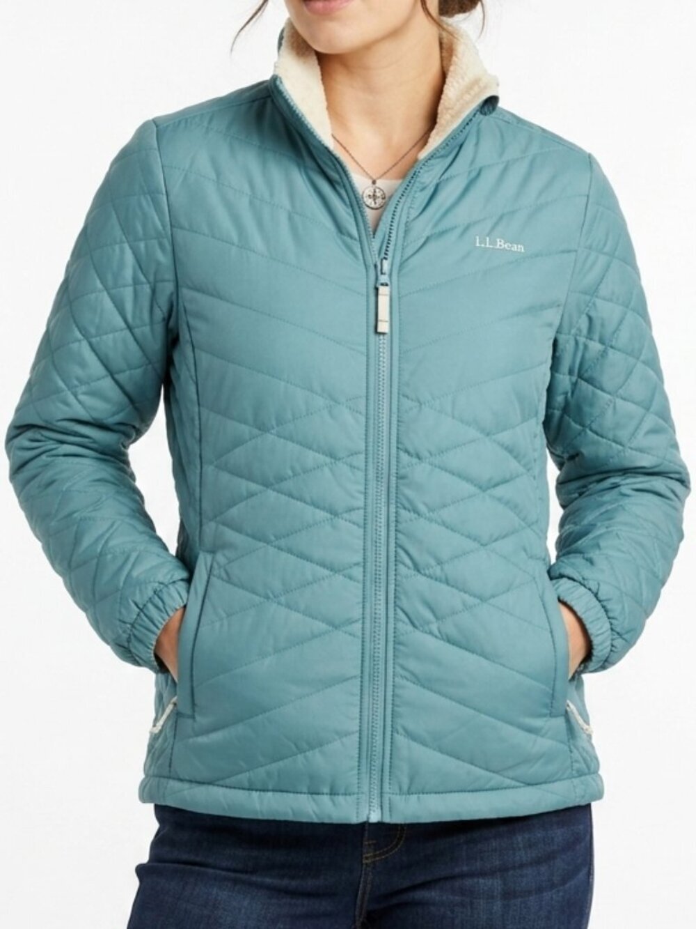 LL Bean Fleece Lined Quilted Primaloft Jacket Mineral Blue XL Womens NWT